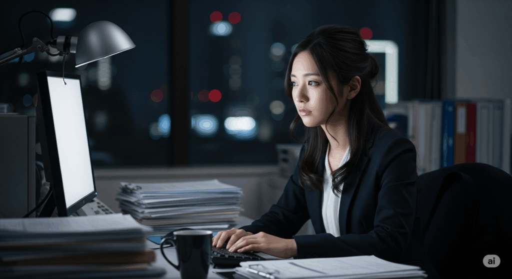 夜のオフィスでパソコンに向かい、真剣な表情で作業をするスーツ姿の若い女性。机の上には書類とコーヒーカップが置かれている。