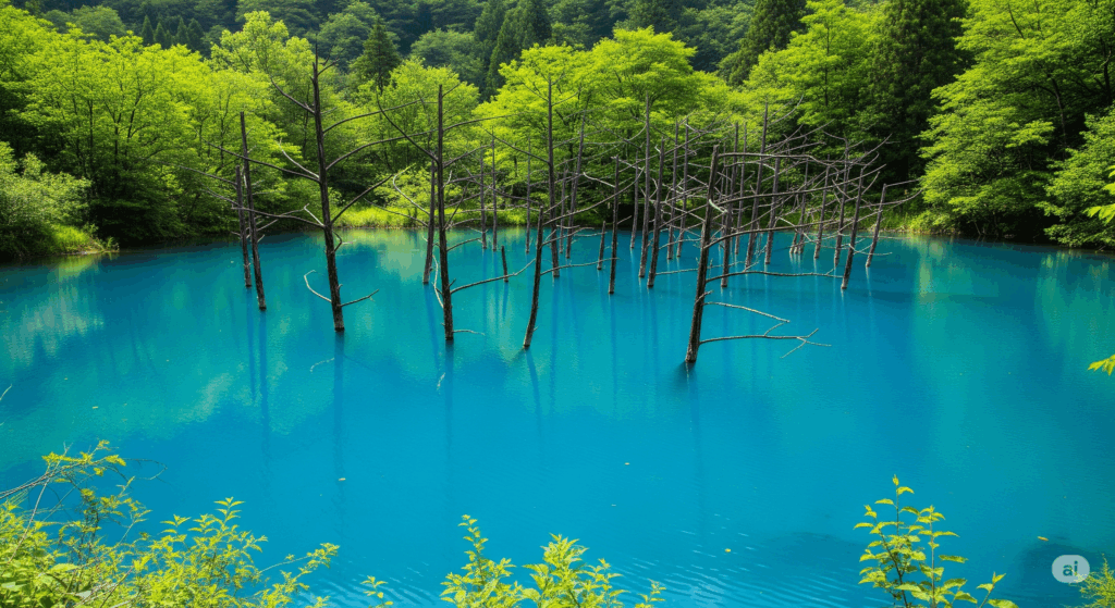 鮮やかなコバルトブルーの湖に立ち尽くす枯れ木群。周囲は青々とした深緑の森に囲まれ、水面には木々の影が静かに映り込んでいる。人工物のない自然美が際立ち、幻想的かつ神秘的な空間が広がっている。