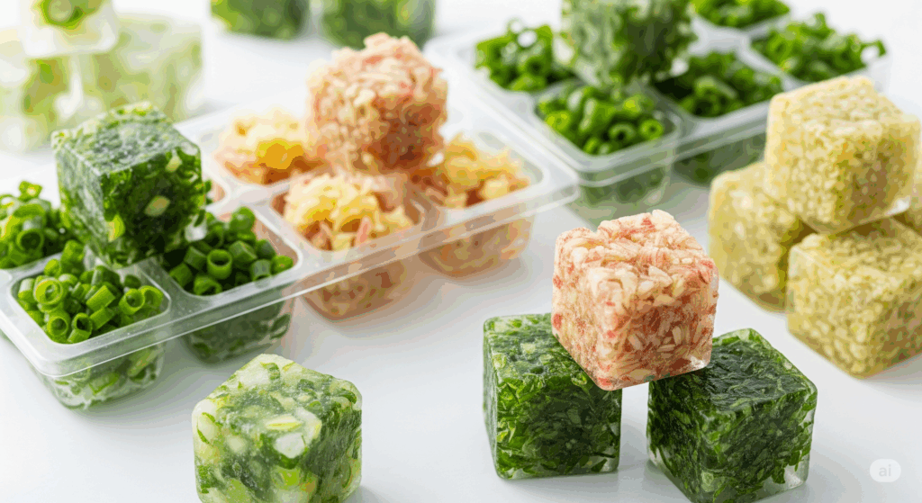 刻んだ青ねぎやしょうが、紅しょうがなどの薬味を小分けにして凍らせた冷凍キューブ。透明なトレーに整然と並び、料理の時短や保存に便利なアイテムとして紹介されている。