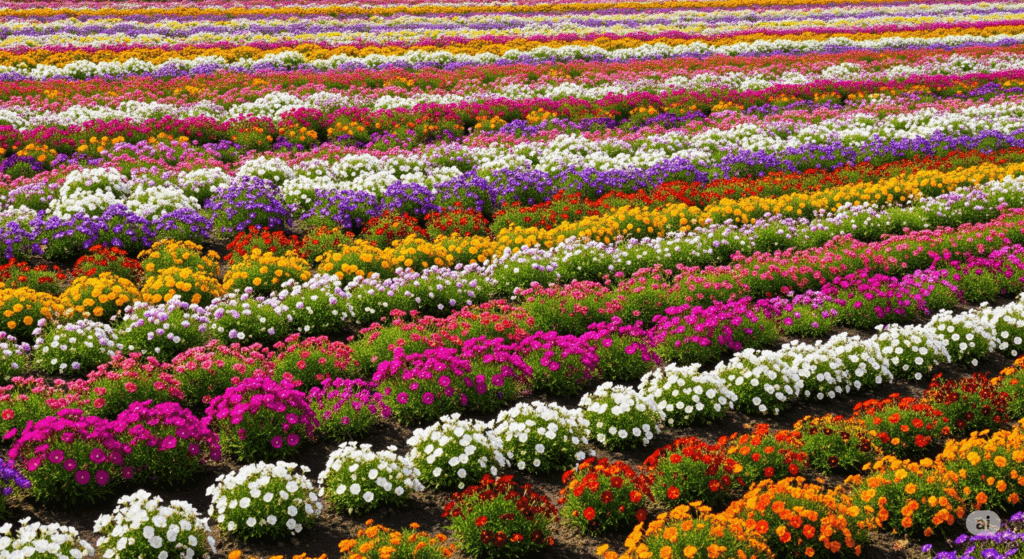 四季彩の丘に広がる色とりどりの花々が、整然と並んで波のようなパターンを描いている。白・紫・ピンク・オレンジ・黄色などが繰り返され、視界いっぱいに色彩が広がる鮮やかな風景。