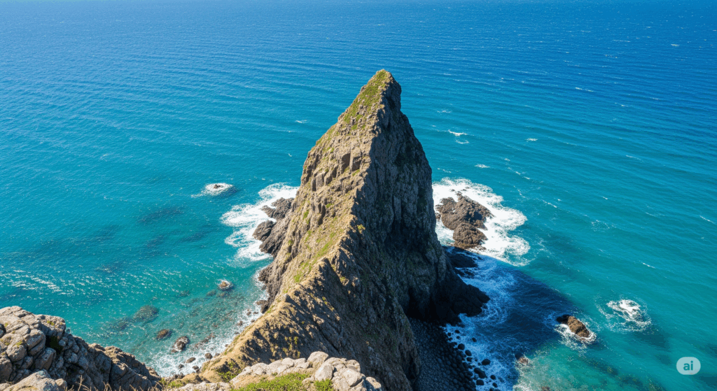 透明感のある青い海に突き出す神威岬の岩峰。波が岩に打ち寄せ、遠くまで広がる水平線と断崖が織りなすダイナミックな絶景。