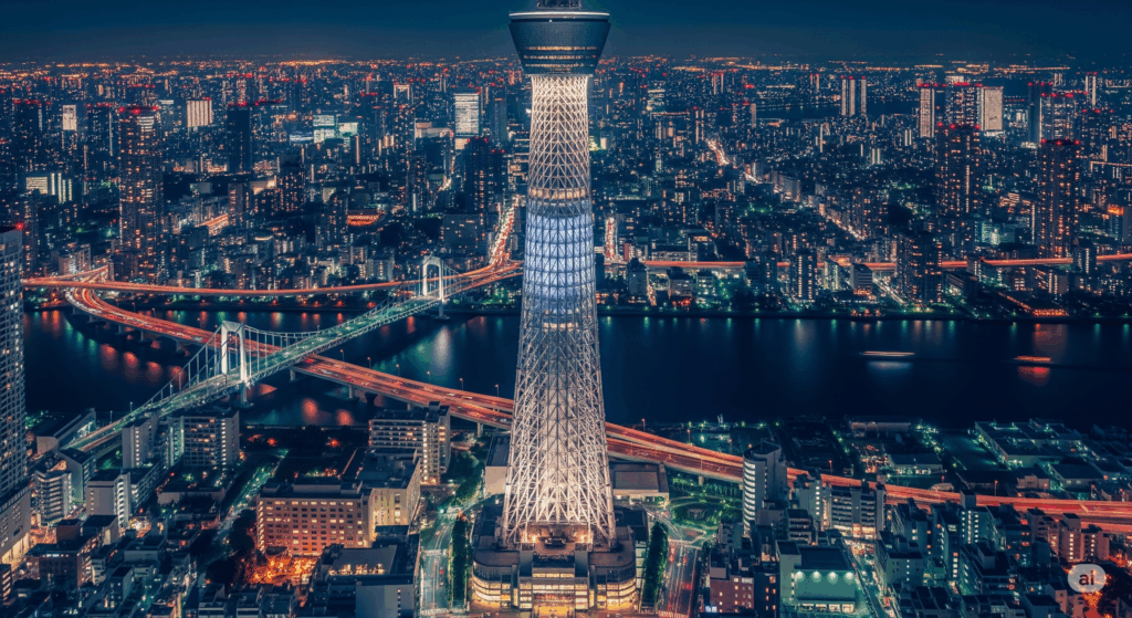 ライトアップされた東京スカイツリーが中央にそびえ立ち、その周囲を高層ビルや街の明かりが彩る夜の東京の風景。隅田川には橋と光の反射が美しく映っている。