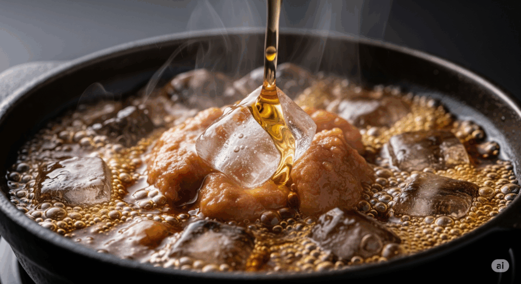 鍋で煮込まれる肉料理の中に氷を加えている瞬間のクローズアップ。泡立つ煮汁の中で氷が溶けながら、ゆっくりと味が染み込んでいく様子を捉えた料理シーン。