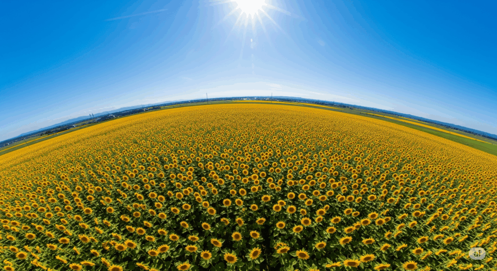 満開のひまわりが一面に広がる畑。真上から照りつける強い夏の太陽と、青空が広がる中、遠くに街並みと山々が見える圧巻の景色。
