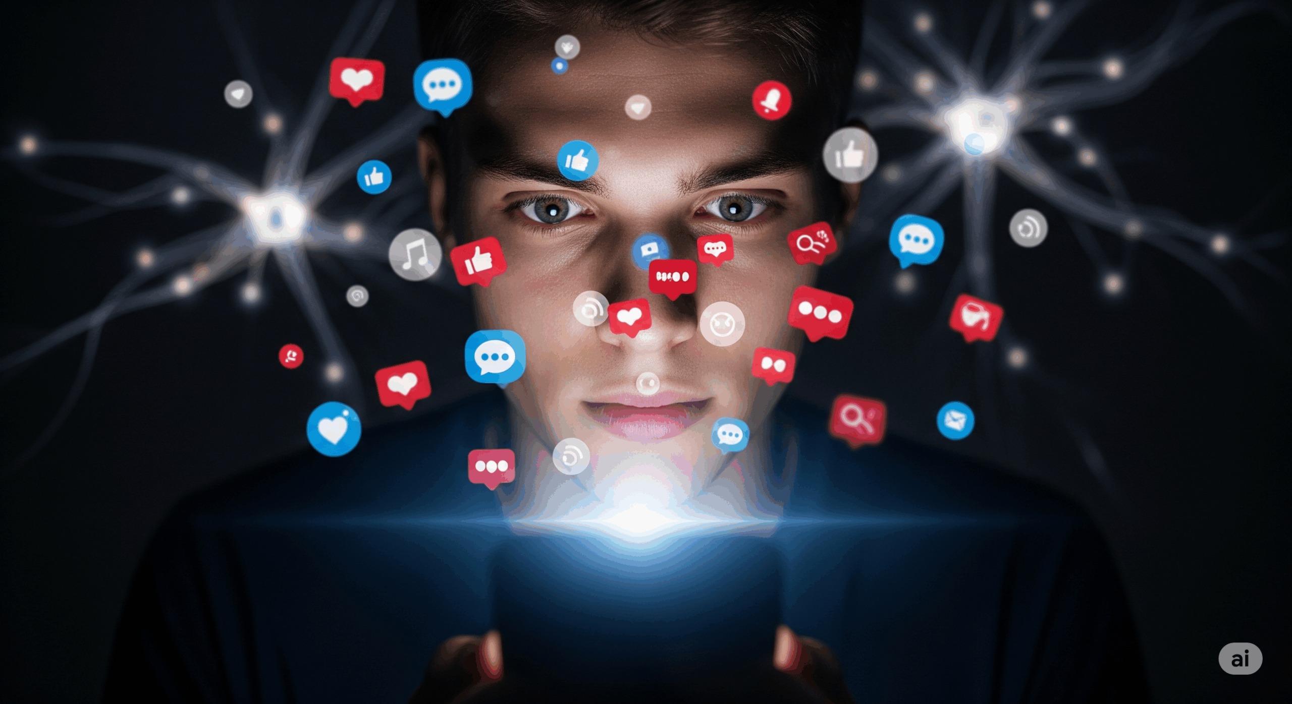 スマートフォンの光を見つめる若者の顔に、SNSの通知アイコンが浮かび上がっている幻想的なイメージ。