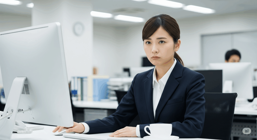 オフィスで真剣な表情でパソコン画面を見つめるスーツ姿の女性社員。デスクにはコーヒーカップが置かれている。