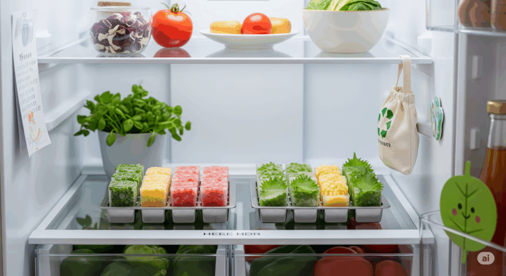 冷蔵庫の中に整然と並べられた薬味や野菜の冷凍キューブ。青じそや青ねぎ、しょうが、ミンチなどがアイストレーに美しく分けられており、奥には野菜やハーブ、メモ、エコバッグが見える清潔感あふれる収納風景