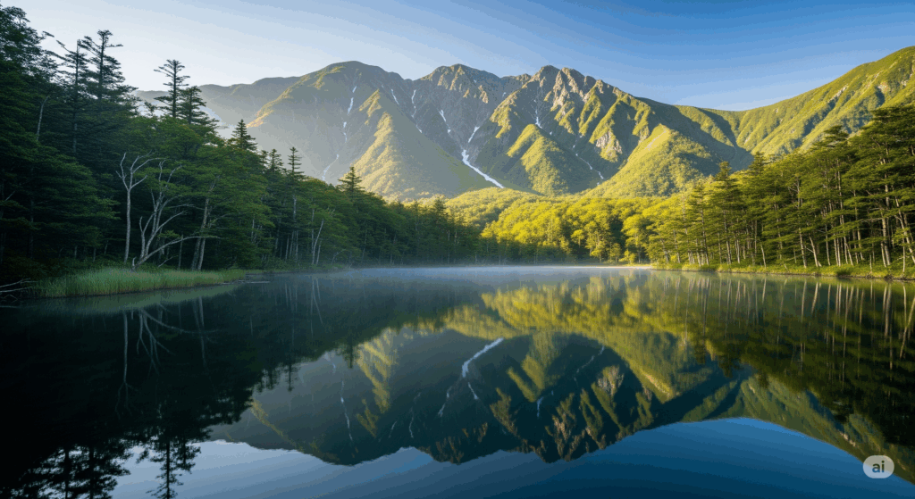 朝日に照らされた山々が、静かな湖面にくっきりと映り込む神秘的な風景。青空と木々の緑が水に溶け込み、手つかずの自然が映し出す完璧な対称美が広がっている。