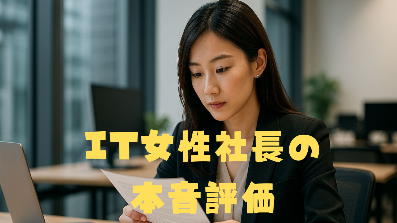 オフィスで資料に目を通すスーツ姿の女性。「IT女性社長の本音評価」という文字が重ねられている。