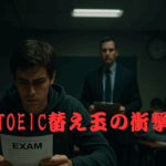 試験用紙を手にする緊張した表情の若者と、それを監視する試験官の男性。「TOEIC替え玉の衝撃」という赤い文字が中央に表示されている。