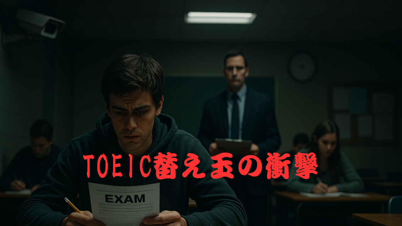 試験用紙を手にする緊張した表情の若者と、それを監視する試験官の男性。「TOEIC替え玉の衝撃」という赤い文字が中央に表示されている。