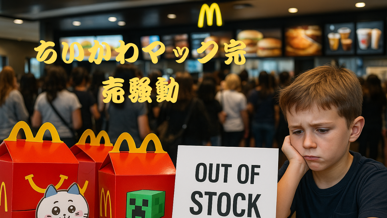 マクドナルド店内で「ちいかわマック完売」の張り紙を見て落ち込む少年。背景には多くの来店客が並び、手前にはハッピーセットの箱が並んでいる。