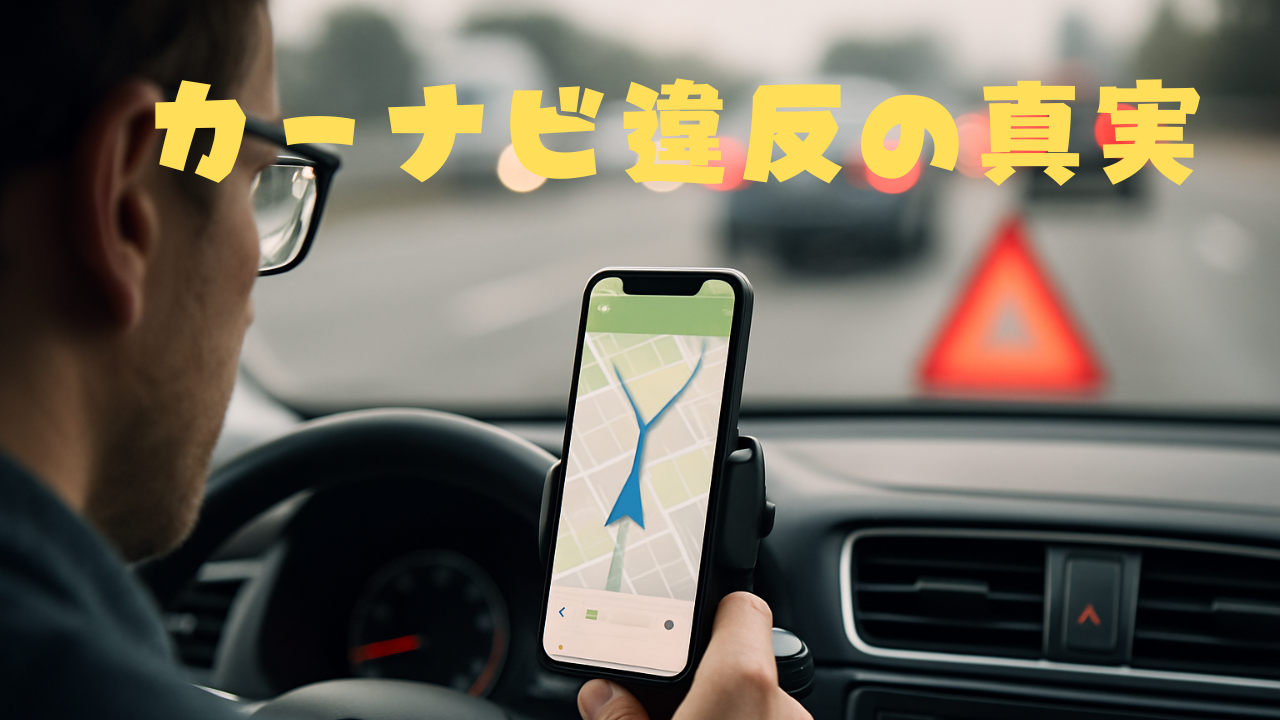 スマホのナビ画面を注視しているドライバーと、後方に見える赤い警告三角板と渋滞。ながら運転の危険性と緊張感を伝えるリアルなシーン。