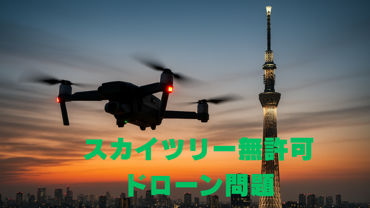 夕暮れの東京スカイツリーの近くを飛行する黒いドローン。空はオレンジと青のグラデーションで染まり、中央に「スカイツリー無許可ドローン問題」という文字が表示されている。