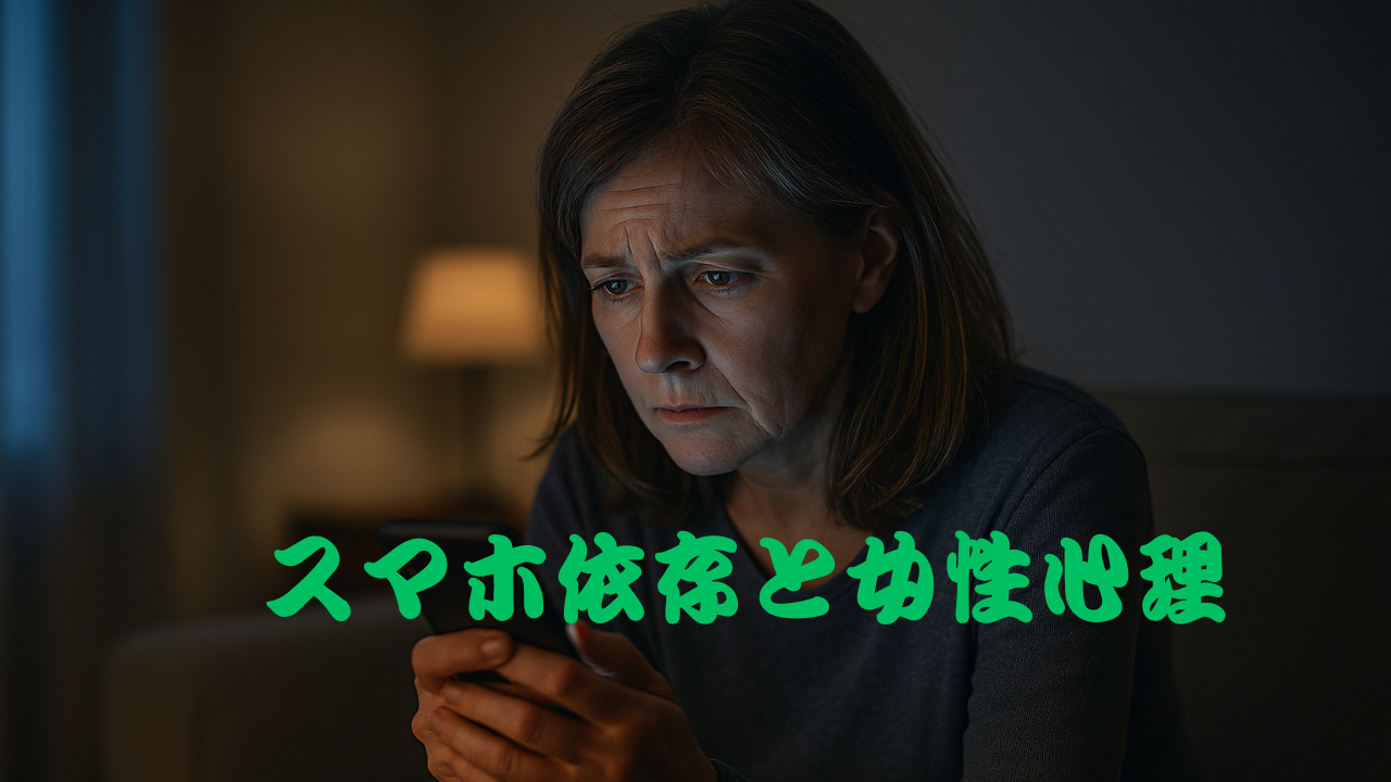 暗い部屋の中でスマートフォンを見つめる中年女性。眉間にしわを寄せ、深く考え込むような表情をしており、中央に「スマホ依存と女性心理」の文字が表示されている。