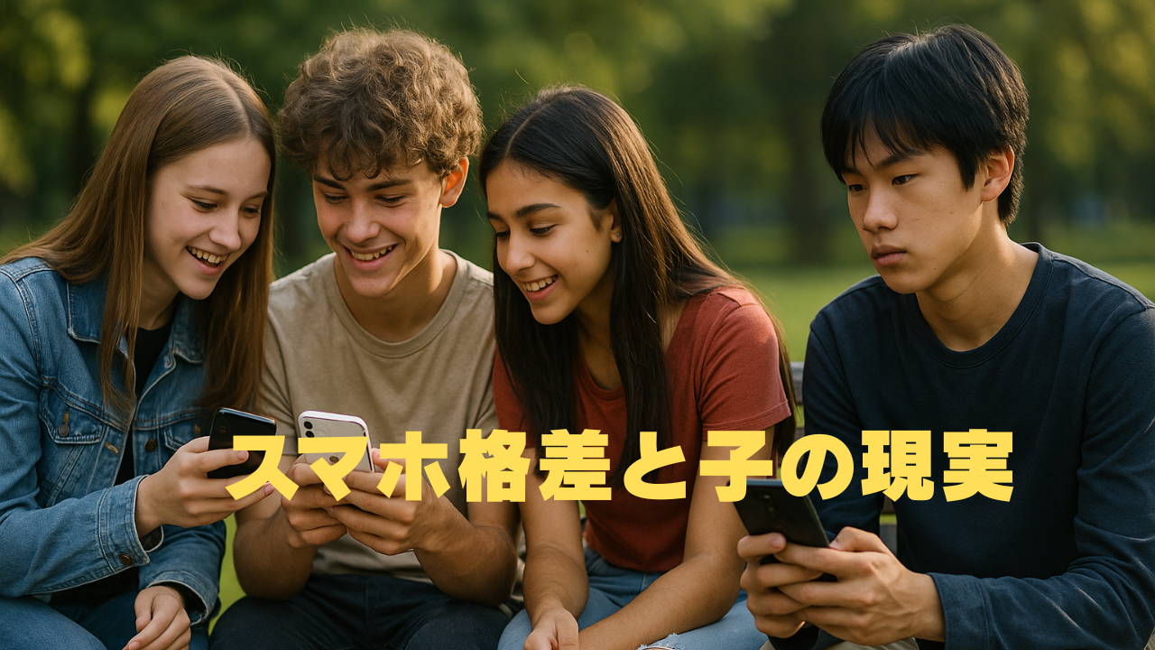ベンチに座る4人のティーンエイジャー。3人は高性能なスマホを見て笑っている一方、1人の少年は古いスマホを持ち、寂しげな表情をしている。