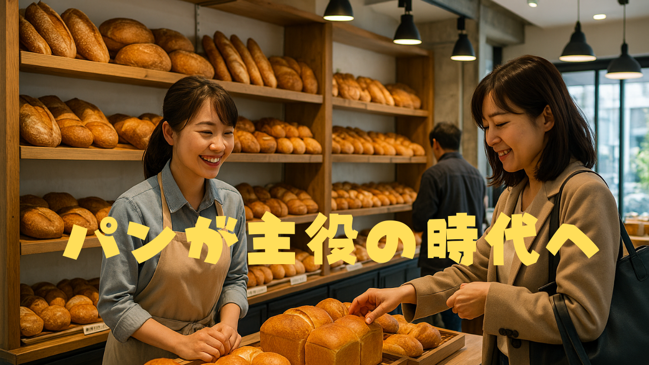 パン屋の店内で笑顔の店員と客が食パンを選ぶ様子。棚にはさまざまな種類のパンが整然と並べられている。