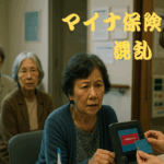 高齢の女性が窓口で戸惑う姿。手にしたマイナンバーカードと、表示された「期限切れ」の画面。社会的ギャップを象徴する一瞬。