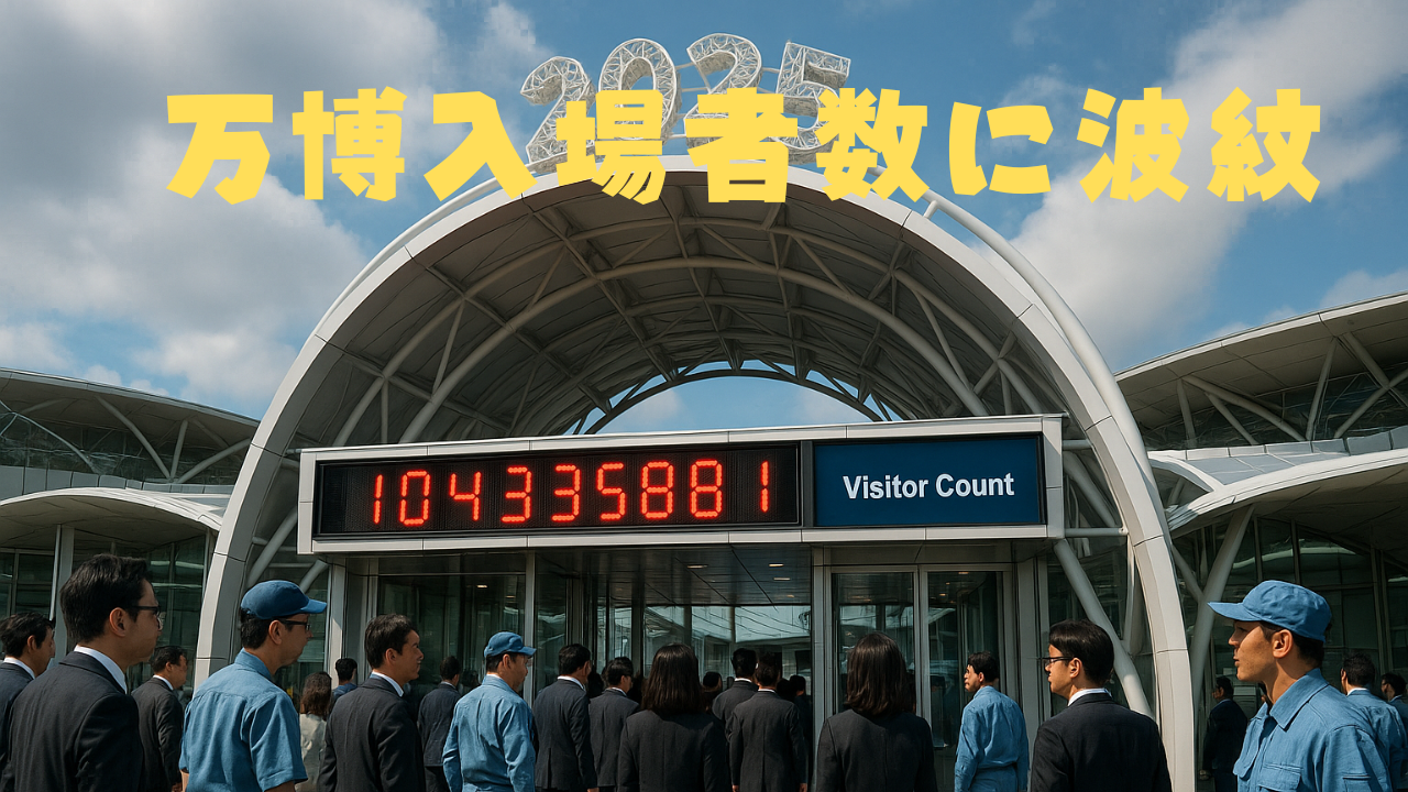 大阪・関西万博2025のモダンな入場ゲートで、スーツ姿の来場者と制服を着たスタッフが次々に入場しており、上部のデジタルカウンターには訪問者数が表示されている様子。観客とスタッフの区別がつきにくい構図で、入場者数のカウント方法に関する議論を象徴している。