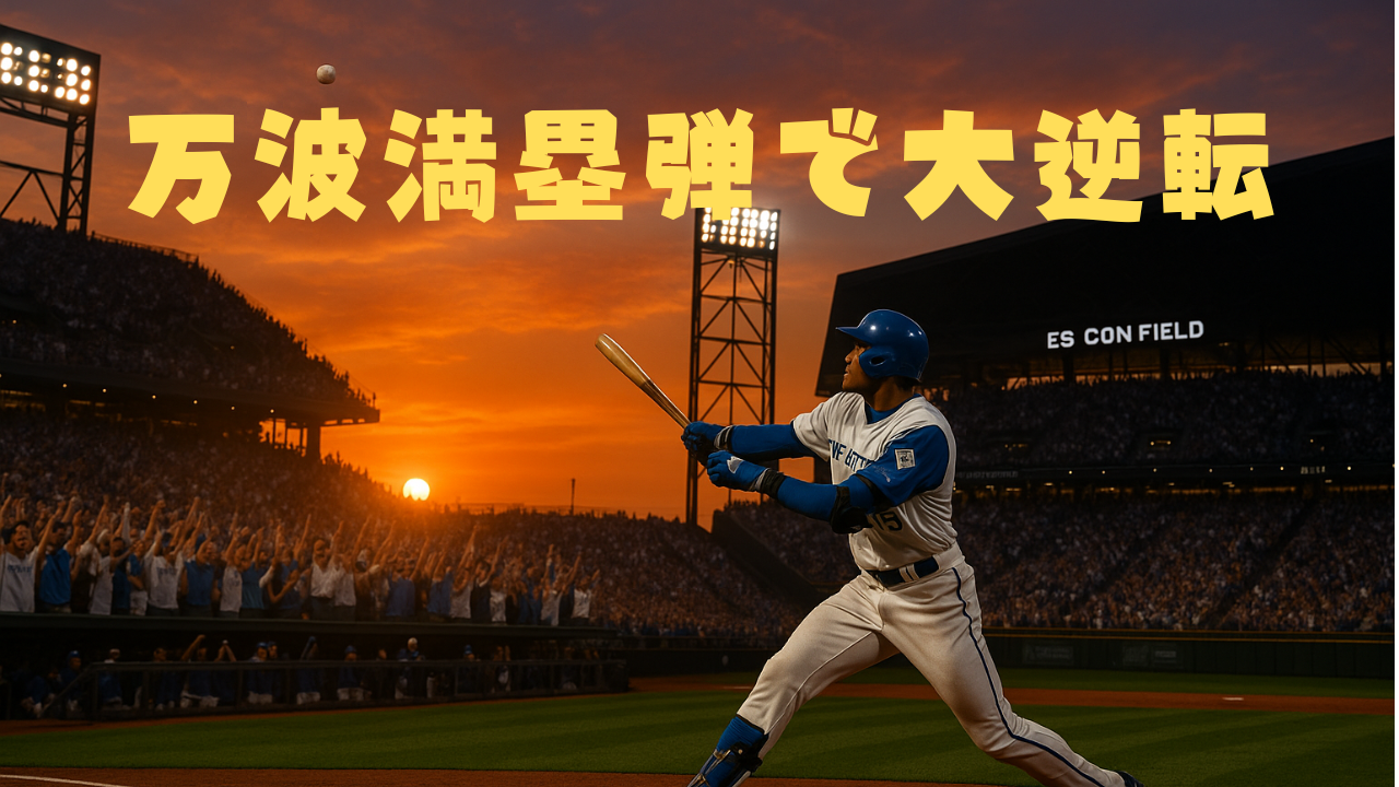 夕暮れのES CON FIELDで、満塁ホームランを放つ万波選手。観客席は総立ちで歓喜に沸いている。