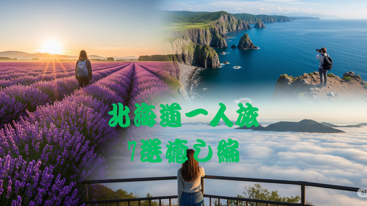 ラベンダー畑、断崖絶壁の海岸、雲海を望む展望台でそれぞれひとり旅を楽しむ女性の姿が映るコラージュ画像。中央には「北海道一人旅 7選 癒し編」と緑色の文字が配置されている。自然と静寂に包まれた癒しの景勝地を紹介する構成。