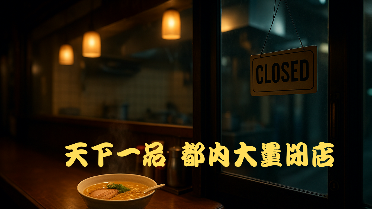 ラーメンが置かれたカウンターと「CLOSED」の札がかかった店舗の窓、中央には「天下一品 都内大量閉店」と書かれた文字。