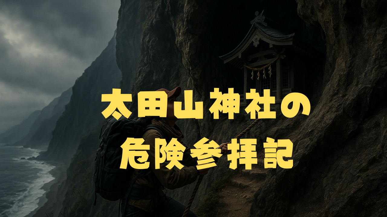 断崖絶壁の登山道を登る若い女性登山者と、崖の中腹に建つ神社の神秘的な風景