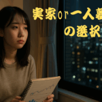 0代の若者が「実家を出るべきか」悩む姿。片手に家計簿、窓の外に広がる夜景。希望と不安が入り混じる表情。