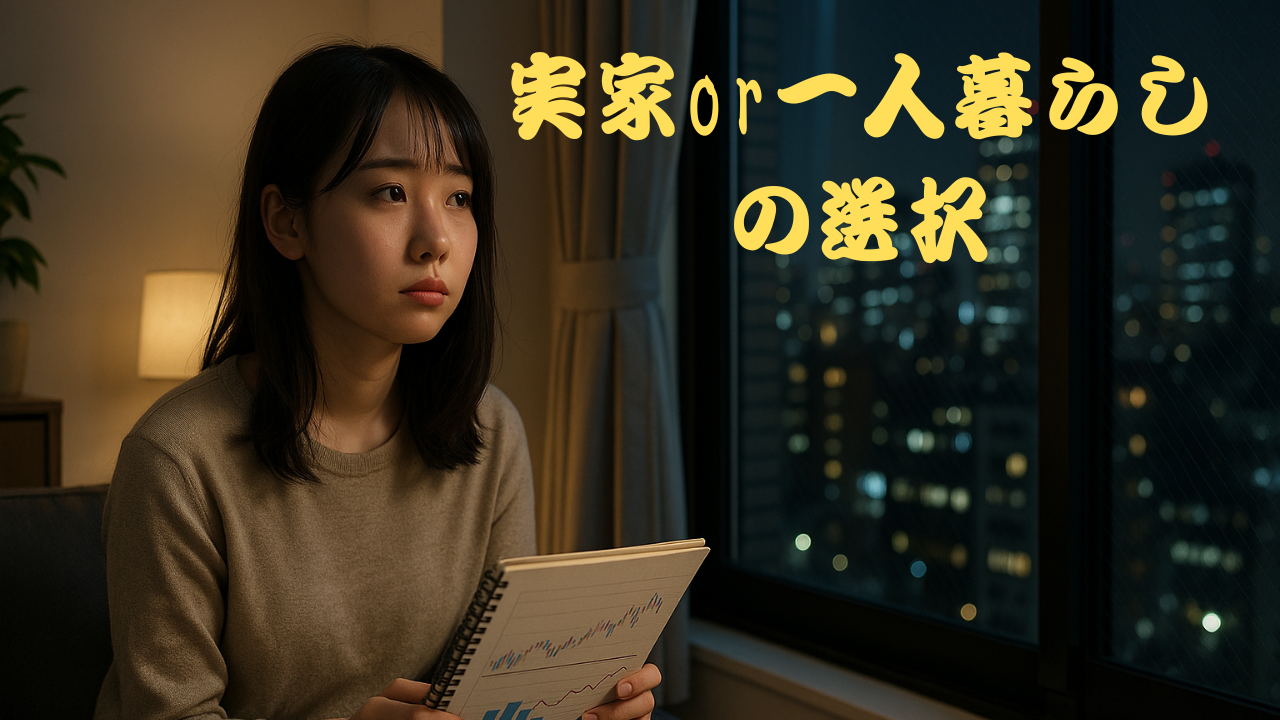 0代の若者が「実家を出るべきか」悩む姿。片手に家計簿、窓の外に広がる夜景。希望と不安が入り混じる表情。