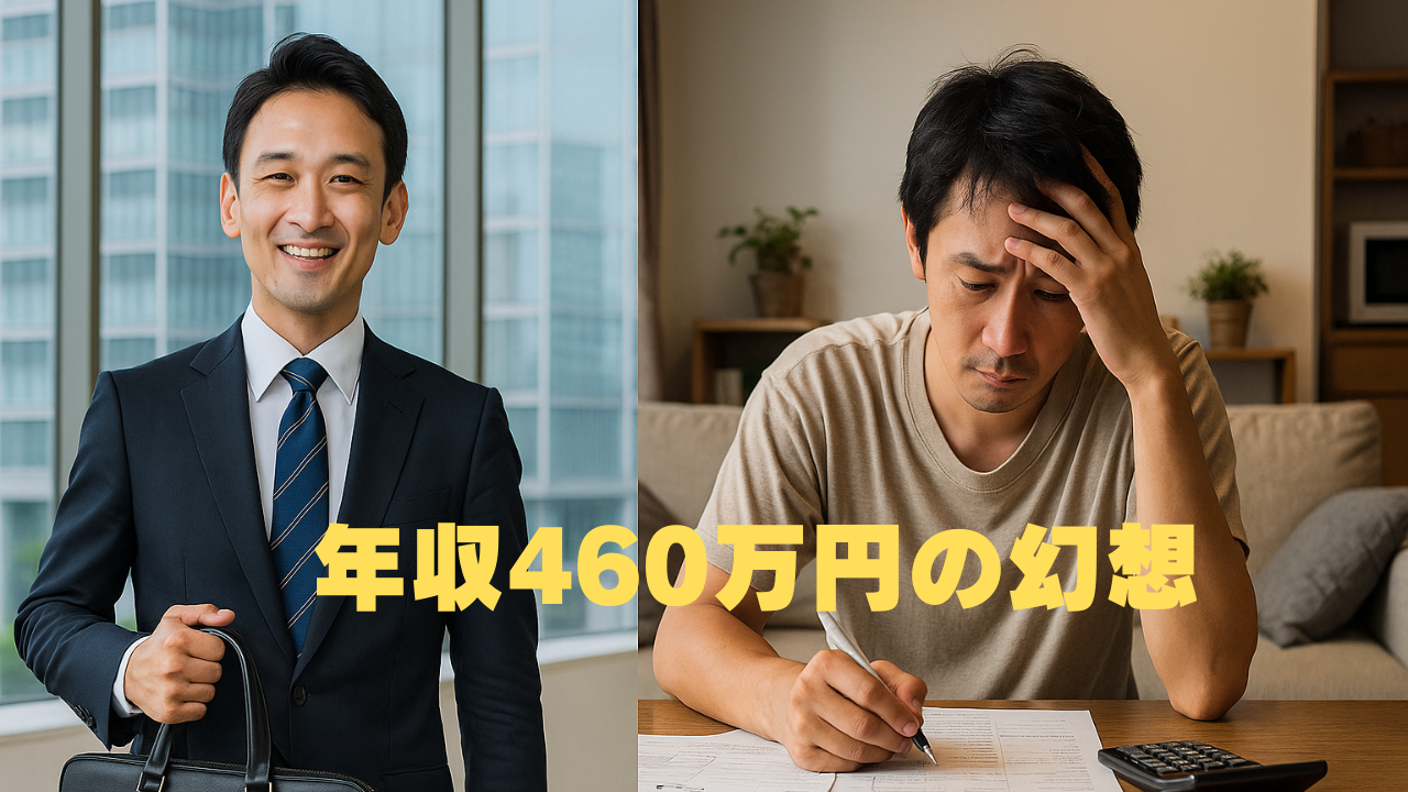 左側には笑顔のスーツ姿の男性、右側には頭を抱えながら家計簿と向き合うTシャツ姿の男性が並ぶ構図。中央には「年収460万円の幻想」という文字が表示されている。
