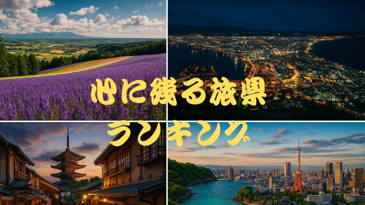 北海道のラベンダー畑、函館の夜景、京都の五重塔、沖縄の海岸、東京タワーのある都市風景が並ぶ日本各地の魅力を紹介するコラージュ画像