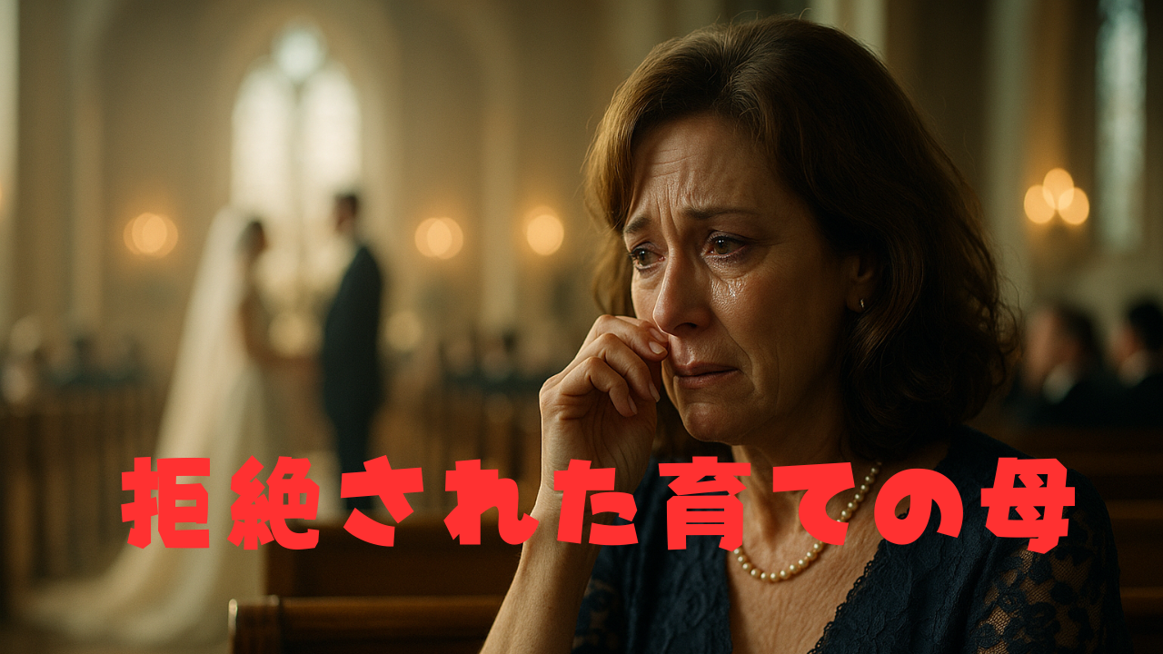 結婚式場のベンチで涙を流す中年女性。背景には結婚式を挙げるカップルがぼんやりと映っており、「拒絶された育ての母」の文字が重ねられている。