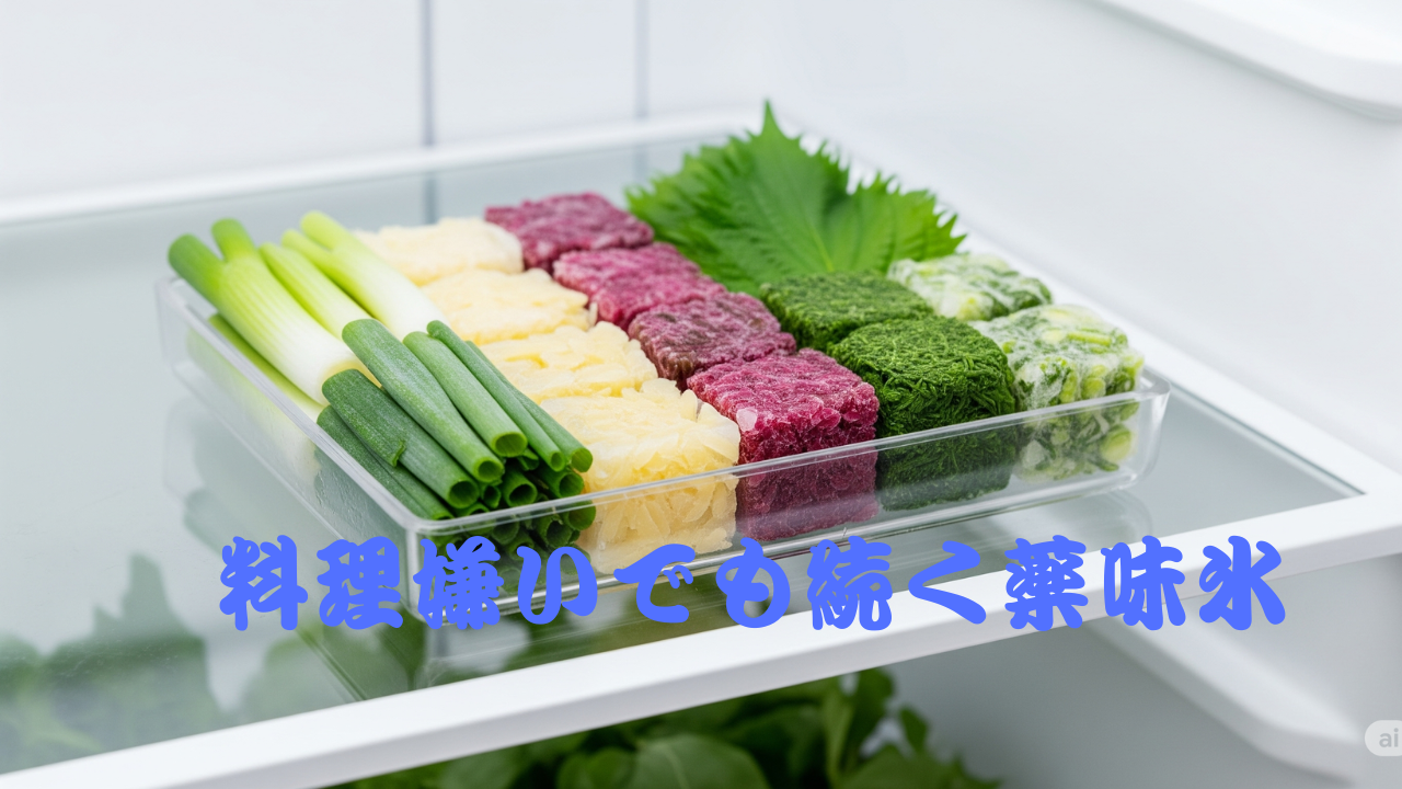 ネギや大葉、ミョウガなどの薬味を色ごとに分けて冷凍し、氷のような立方体で整然と並べられた冷蔵庫内のトレイの写真。料理が苦手でも手軽に使える保存方法として注目されている。