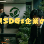 SDGsを掲げる企業のロビーで、怒鳴る上司と落ち込む部下の姿。背景には観葉植物や鯉が泳ぐ池があり、環境に配慮したイメージとの対比が描かれている。