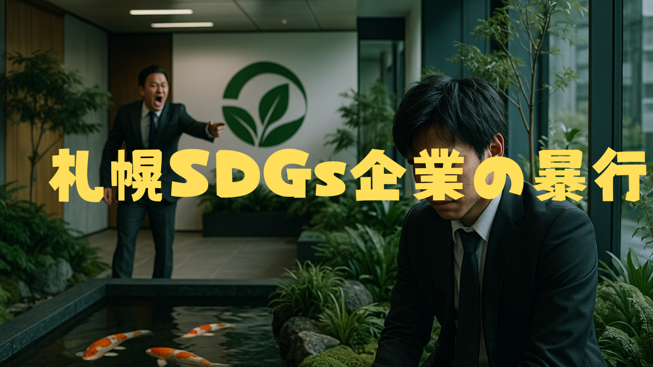 SDGsを掲げる企業のロビーで、怒鳴る上司と落ち込む部下の姿。背景には観葉植物や鯉が泳ぐ池があり、環境に配慮したイメージとの対比が描かれている。