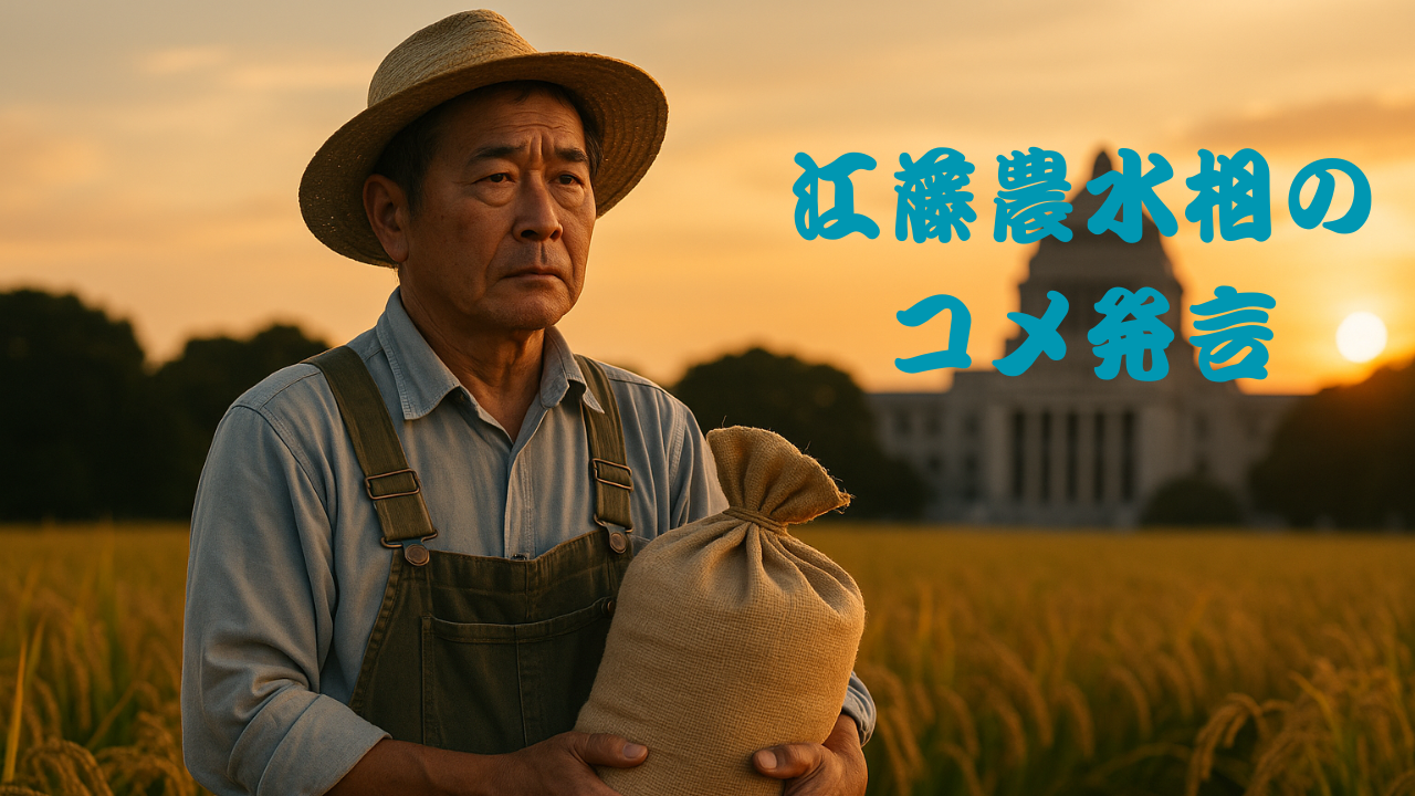 夕暮れの稲穂の前に立つ農民が米袋を抱え、背景には国会議事堂が見える。「江藤農水相のコメ発言」の文字が重なる。