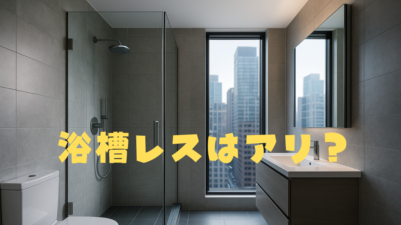 都市の高層ビルが見えるモダンなバスルーム。浴槽はなく、シャワーのみが設置されたスタイリッシュな空間に「浴槽レスはアリ？」の文字。