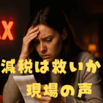 税金の文字が光る部屋で、家計簿らしき紙を見つめ悩む女性。紙袋には野菜が入り、生活費の重圧を象徴する構図。