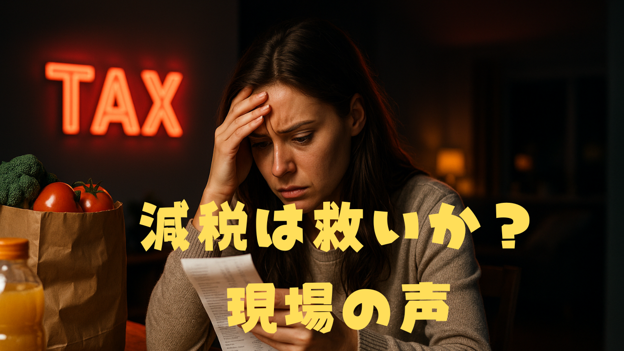 税金の文字が光る部屋で、家計簿らしき紙を見つめ悩む女性。紙袋には野菜が入り、生活費の重圧を象徴する構図。