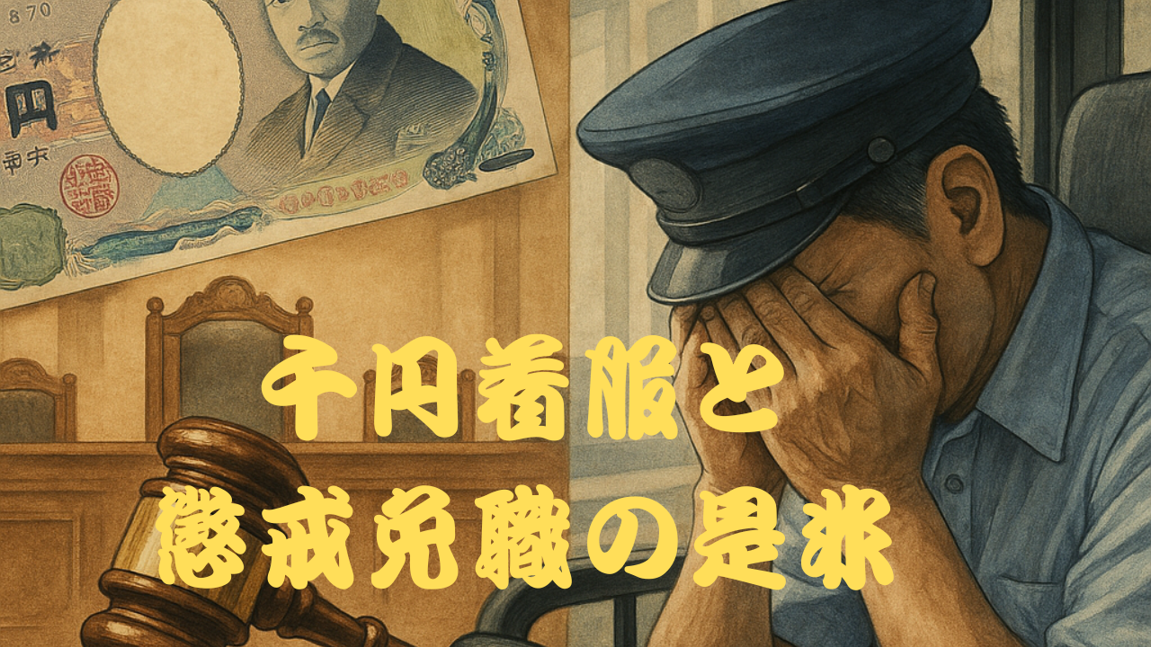 千円札と裁判所の法廷を背景に、顔を覆って落ち込む制服姿の男性