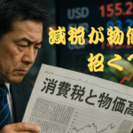 消費税と物価高と書かれた新聞を読み、物価上昇に懸念を抱く男性