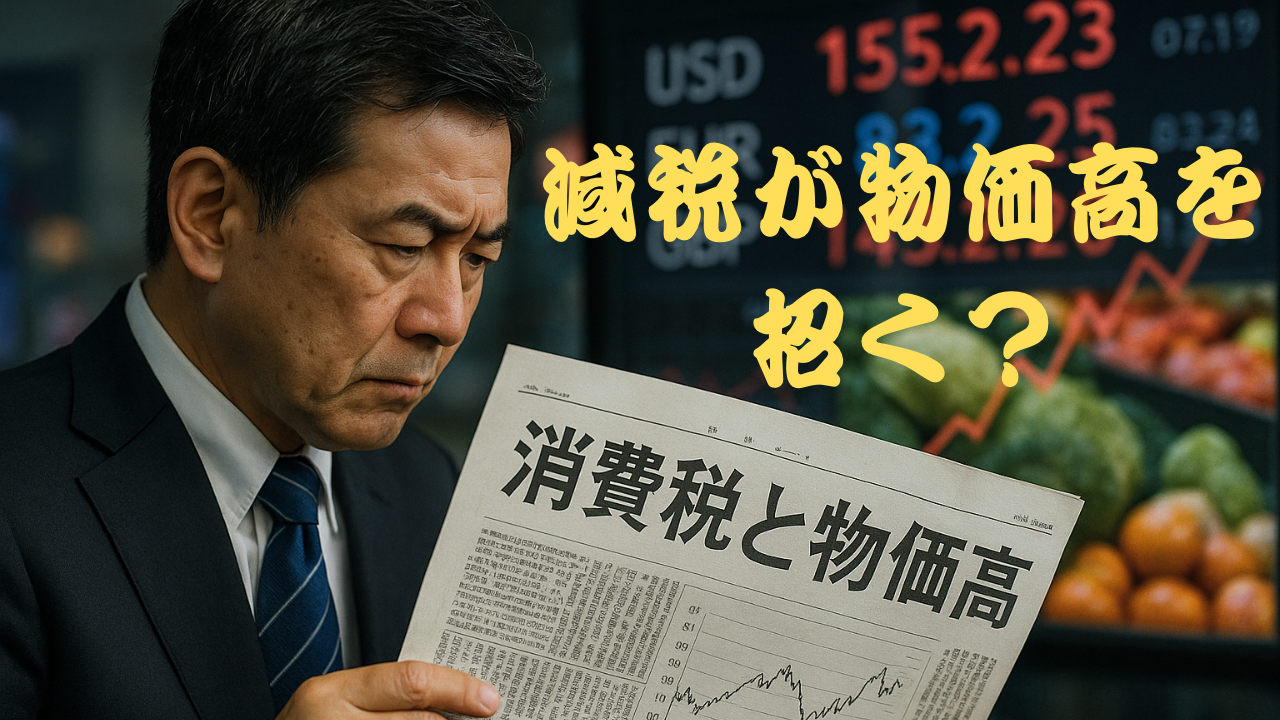 消費税と物価高と書かれた新聞を読み、物価上昇に懸念を抱く男性