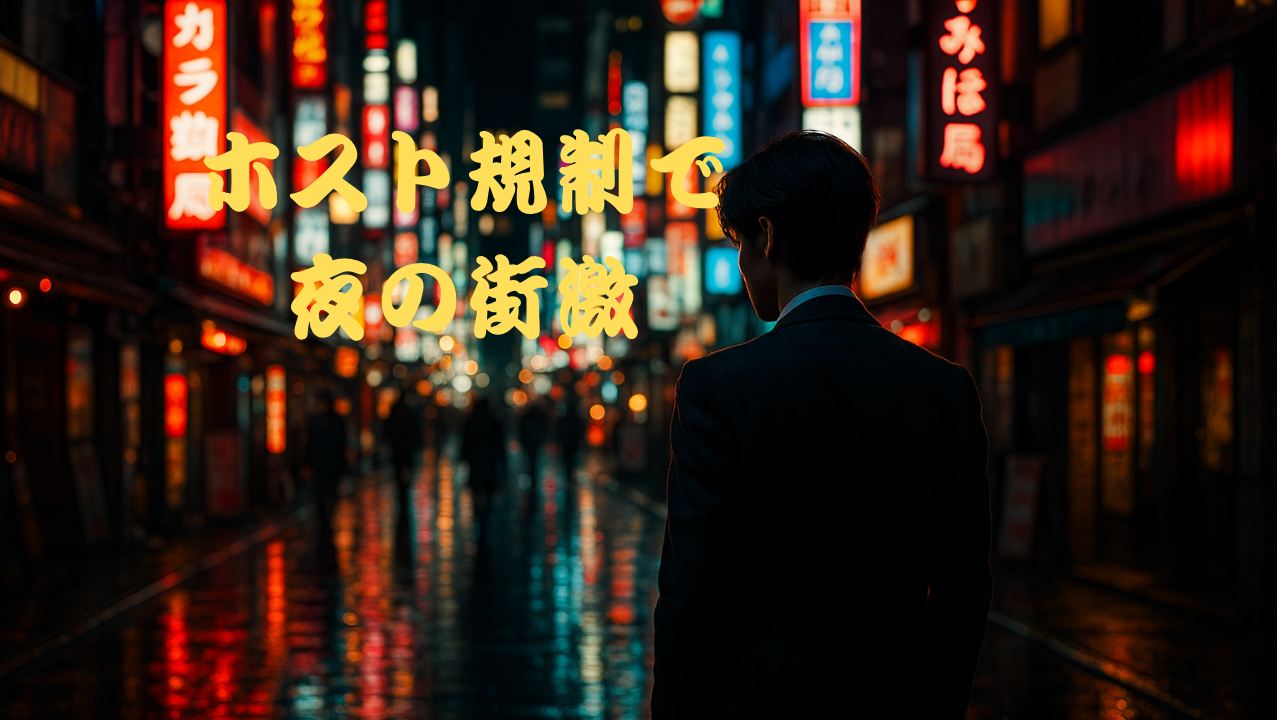 ネオンが輝く夜の歓楽街を背に立つスーツ姿の男性。テキストには「ホスト規制で夜の街激」と書かれており、静まり返った雰囲気が漂う。