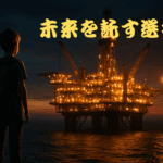 夕暮れの海辺で、光り輝く海上石油プラットフォームを見つめるバックパック姿の少年。「未来を託す選択」という文字が浮かぶ。