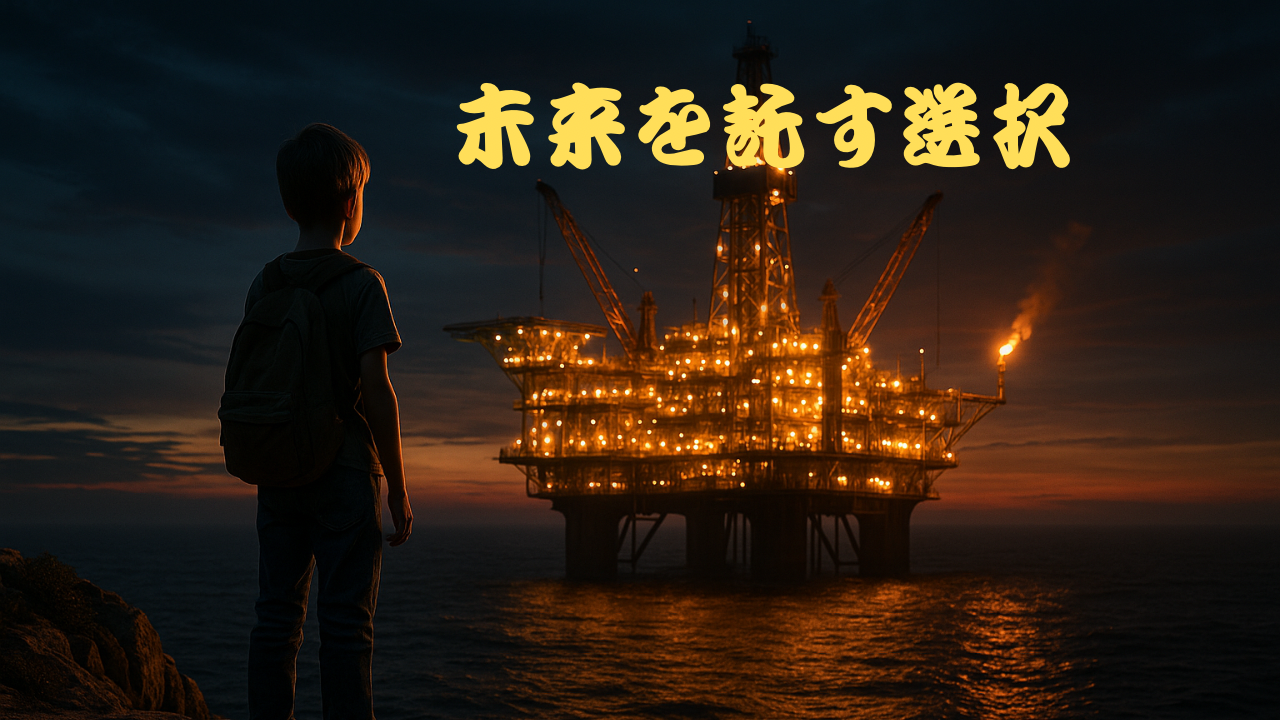 夕暮れの海辺で、光り輝く海上石油プラットフォームを見つめるバックパック姿の少年。「未来を託す選択」という文字が浮かぶ。