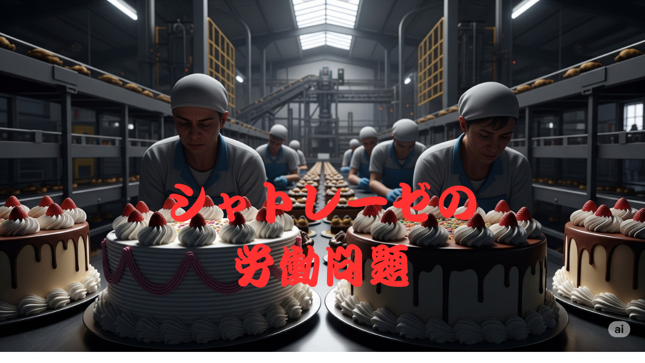 製菓工場のベルトコンベアでケーキを装飾する作業員たち。表情は疲れ気味で、画像中央には「シャトレーゼの労働問題」という赤い文字が表示されている。