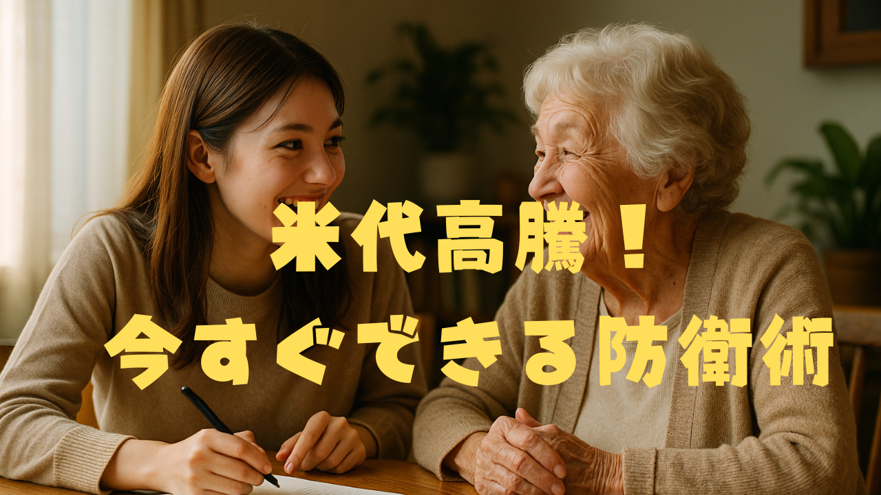 若い女性と高齢の女性が木製のダイニングテーブルで笑顔で会話しながら、米と家計について話し合っている様子。ノートとスマートフォンを前に置き、温かく穏やかな雰囲気の室内。