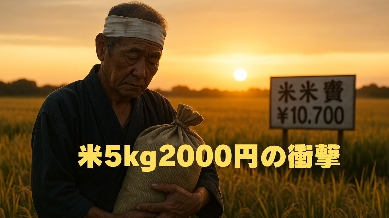 夕暮れの田んぼで米袋を抱える農家の男性。背景には「米米寧 ￥10,700」と書かれた看板が立っており、「米5kg2000円の衝撃」というテキストが中央に表示されている。