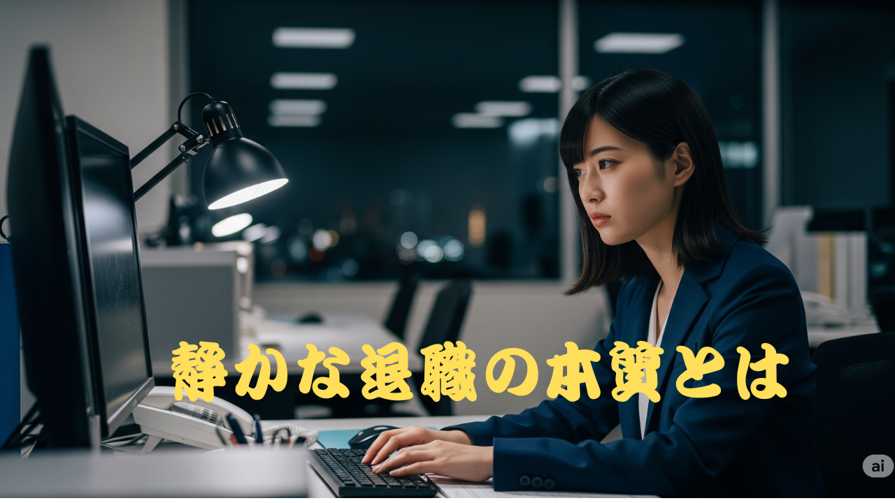 夜のオフィスでパソコンに向かって真剣な表情を浮かべる女性社員。「静かな退職の本質とは」という文字が画面中央に表示されている。