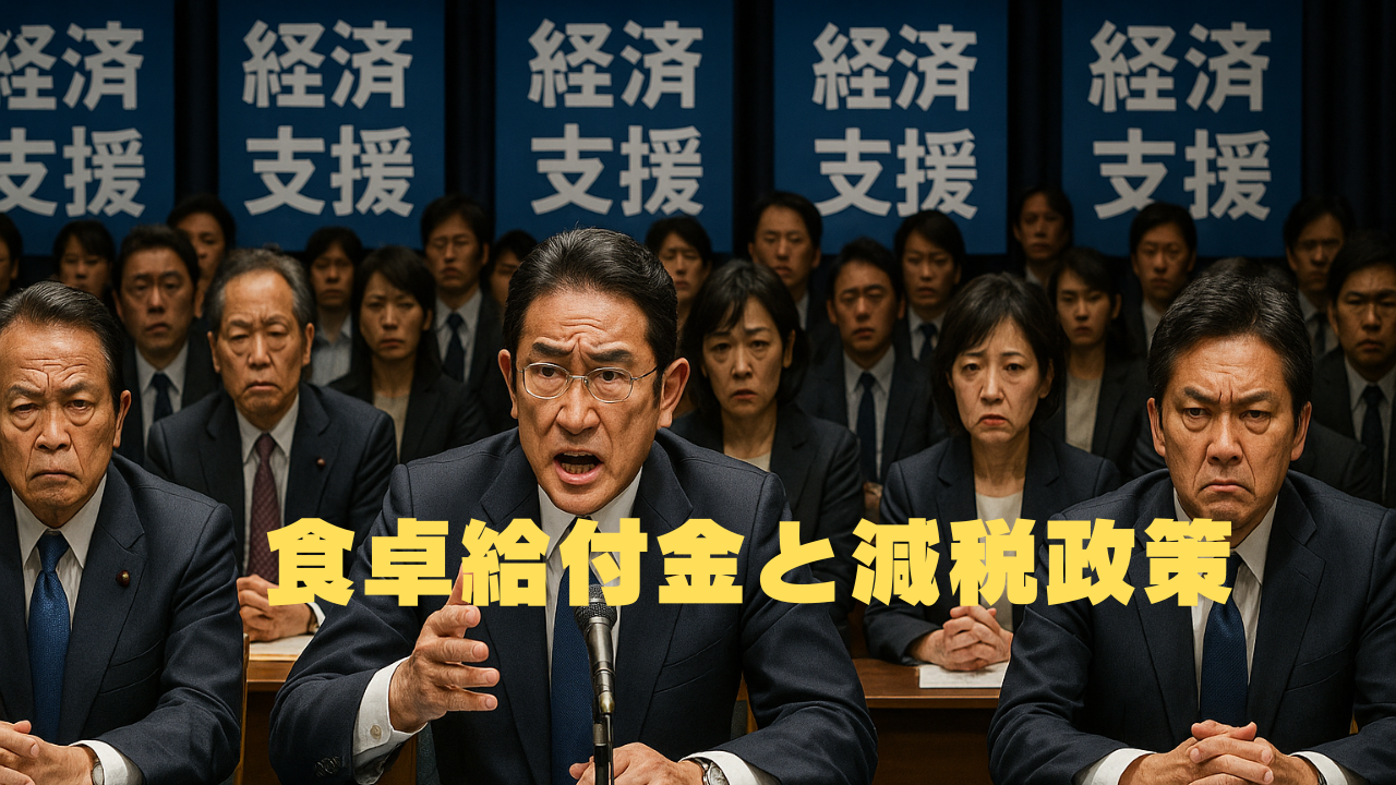 経済支援」と書かれた垂れ幕の前で記者会見を行う政府関係者たち。中央の政治家が力強く発言しており、周囲の閣僚たちも真剣な表情を見せている。